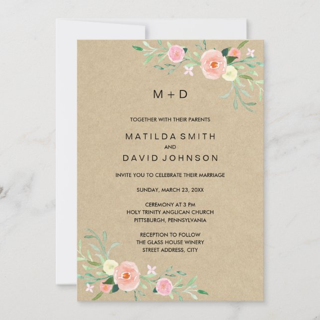 Invitación de boda boho floral rústica (Anverso)