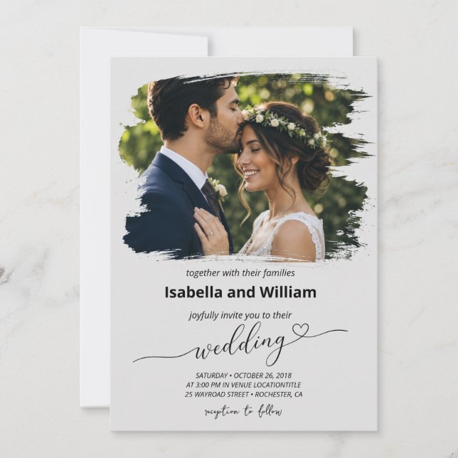 Invitación de boda boho gris moderna con foto (Anverso)