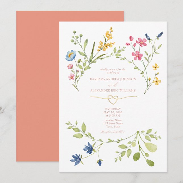 Invitación de boda boho melocotón de flores silves (Anverso / Reverso)