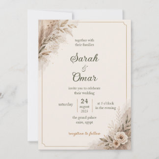 Invitación de boda boho neutra con hierba de Pampa