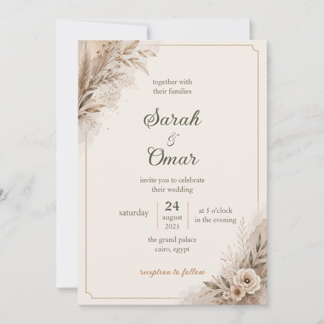 Invitación de boda boho neutra con hierba de Pampa (Anverso)