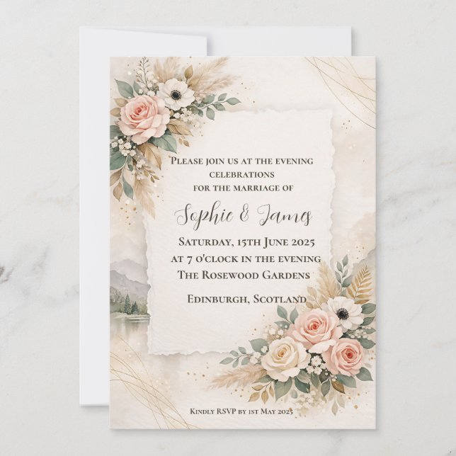 Invitación de boda boho pampas rosa rubor para la  (Anverso)