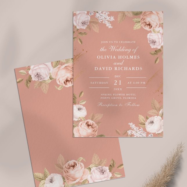 Invitación de boda Boho Pink Peonies (Boho Pink Peonies Wedding Invitation on a table)