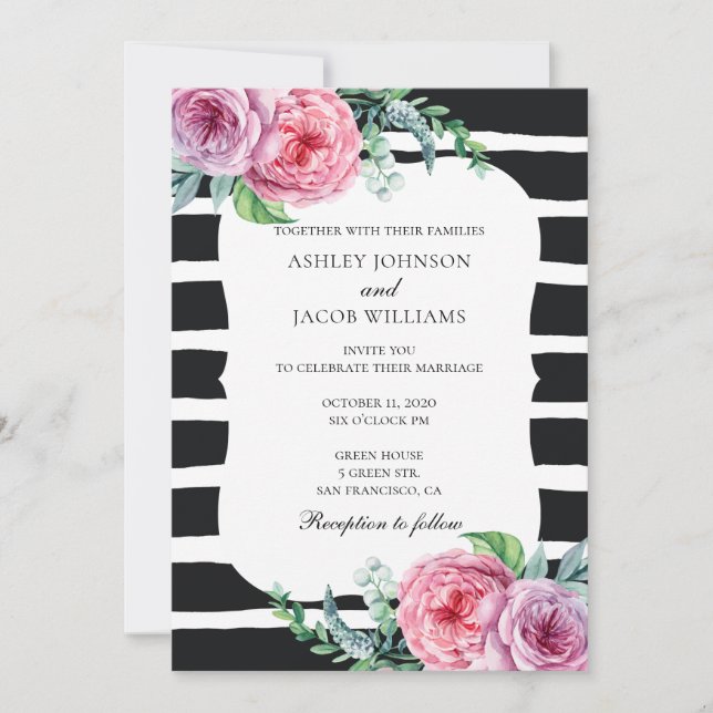 Invitación de boda boho. Rayas negras y blancas (Anverso)
