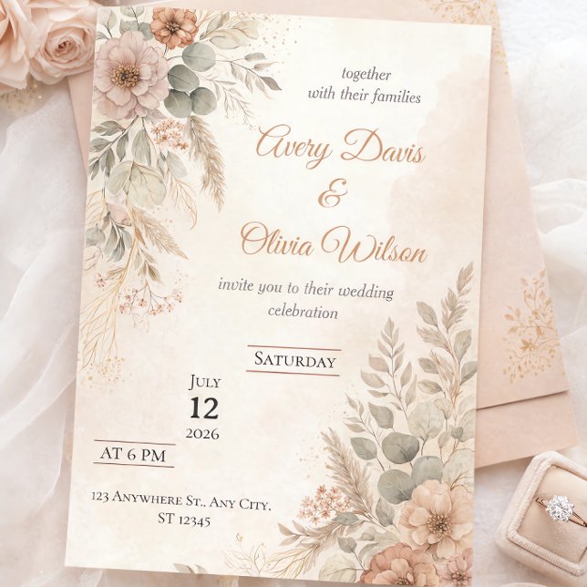 Invitación de boda boho rústica | Florales secos & (Subido por el creador)