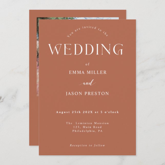 Invitación de boda boho terracota con foto (Anverso / Reverso)