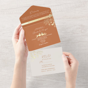 Invitación de boda boho terracota todo en uno