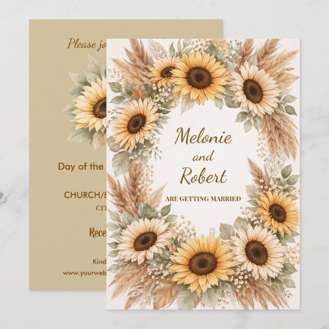 Invitación de boda boho terrenal de girasoles (Anverso / Reverso)