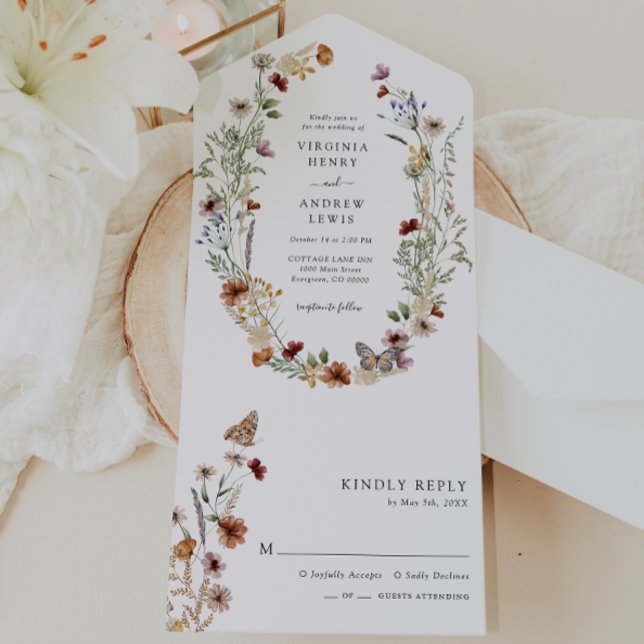Invitación de boda Boho todo en uno (White Boho Wildflower All in One Wedding Invite with Butterfly by Painted Paperie
)