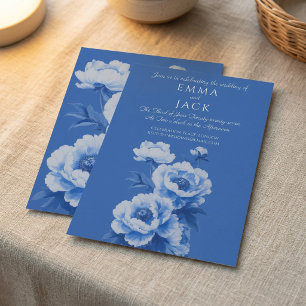 Invitación de boda bonita de peonías azules y blan