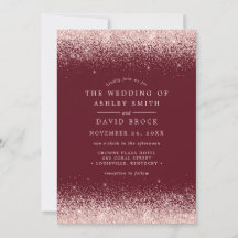 Invitación de boda borgoña con confeti de oro rosa