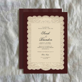 Invitación de boda borgoña de encaje de papel vint