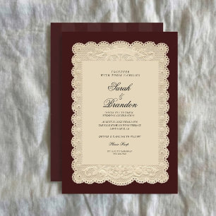 Invitación de boda borgoña de encaje de papel vint