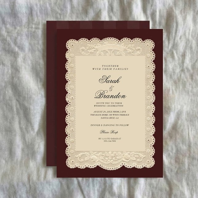 Invitación de boda borgoña de encaje de papel vint (Subido por el creador)