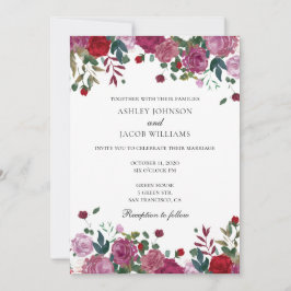 Invitación de boda borgoña. Flor púrpura y roja