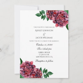 Invitación de boda borgoña floral. Dalias invitan