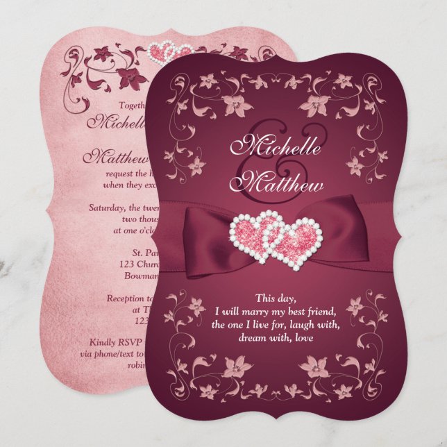 Invitación de boda | Borgoña, Rubor Floral, corazó (Anverso / Reverso)