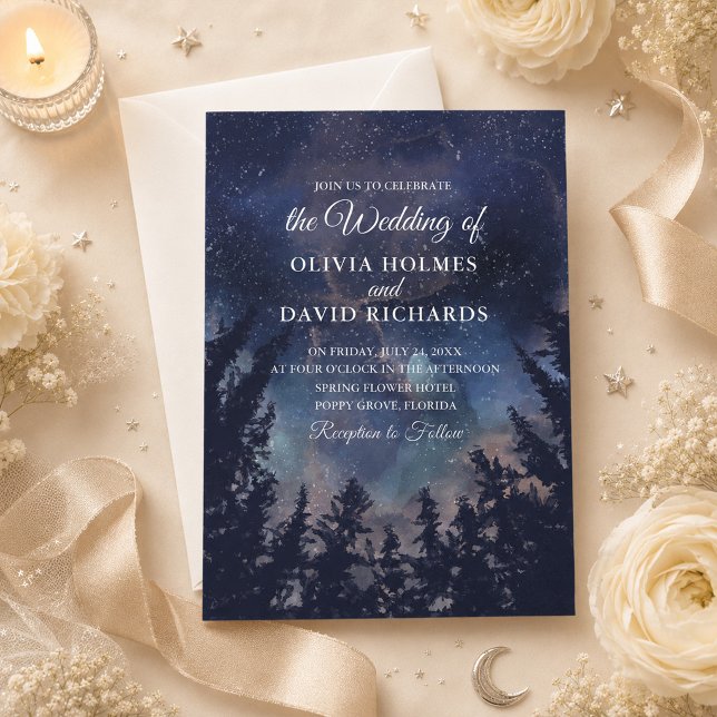 Invitación de Boda Bosque Nocturno Estrellado Cele (Celestial Starry Night Forest Wedding Invitation on an elegant celestial wedding table)