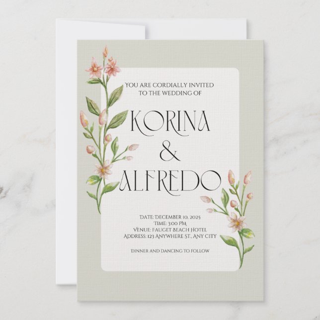 Invitación de boda botánica acuarela boho verde (Anverso)