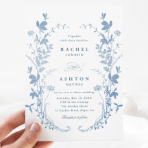 Invitación de boda botánica azul francesa elegante