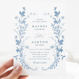 Invitación de boda botánica azul francesa elegante