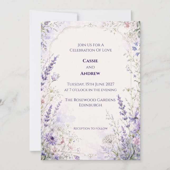 Invitación de boda botánica azul lavanda (Anverso)