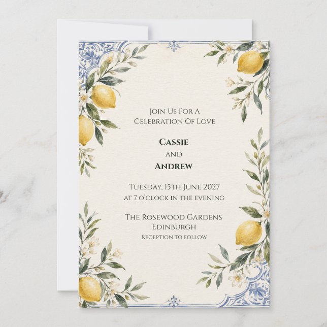 Invitación de boda botánica azul limón (Anverso)