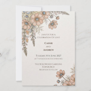 Invitación de boda botánica azul melocotón