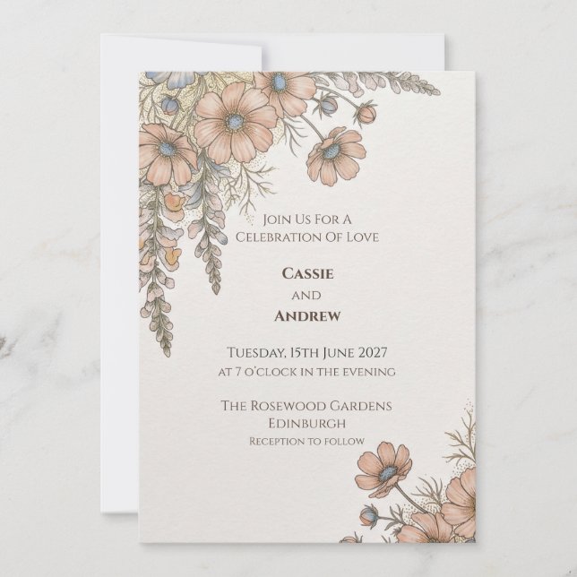 Invitación de boda botánica azul melocotón (Anverso)