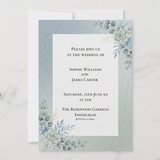 Invitación de boda botánica azul pálido (Anverso)