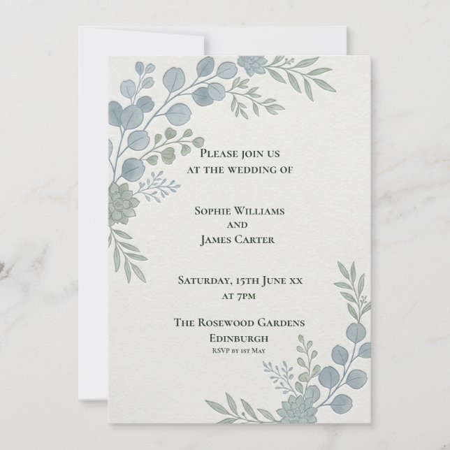 Invitación de boda botánica azul polvoriento (Anverso)