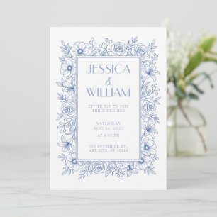 Invitación de boda botánica azul real