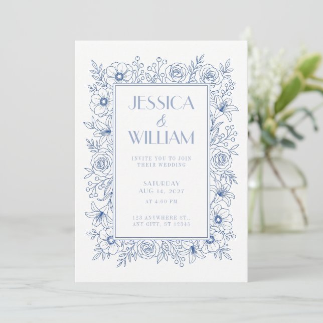 Invitación de boda botánica azul real (Anverso de pie)