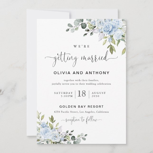 Invitación de Boda Botánica Azul Suave (Anverso)
