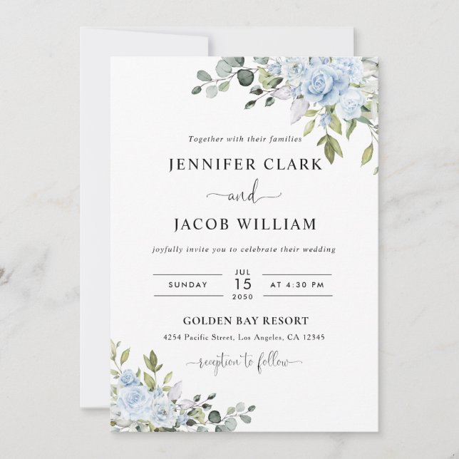 Invitación de Boda Botánica Azul Suave (Anverso)