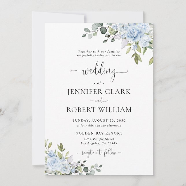Invitación de Boda Botánica Azul Suave (Anverso)