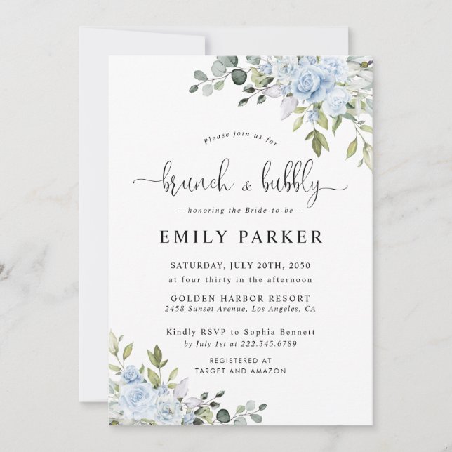 Invitación de boda botánica azul suave para la duc (Anverso)