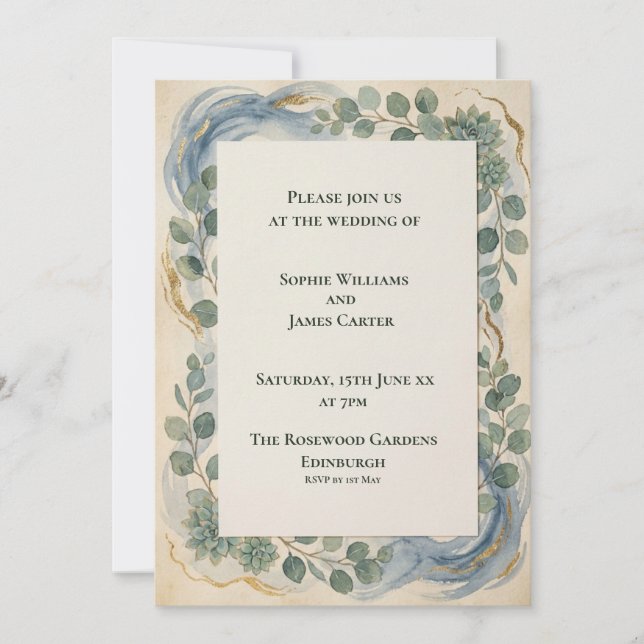 Invitación de boda botánica azul verde (Anverso)