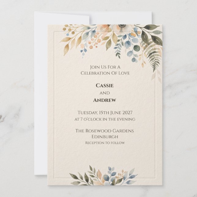 Invitación de boda botánica azul verde (Anverso)