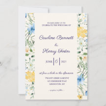 Invitación de boda botánica azul y amarilla