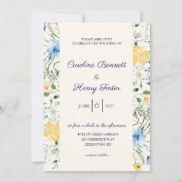 Invitación de boda botánica azul y amarilla