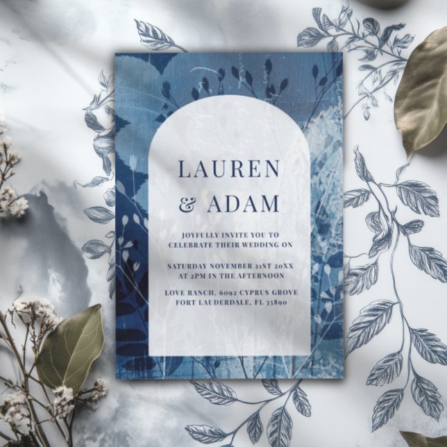 Invitación de boda botánica azul y blanca rústica (Subido por el creador)