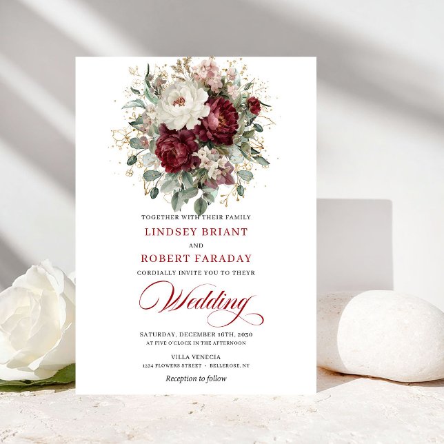 Invitación de boda botánica blanca de Borgoña clás (Classic Burgundy White Botanical Wedding Invite)