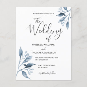 Invitación de boda botánica blanca y de plata azul