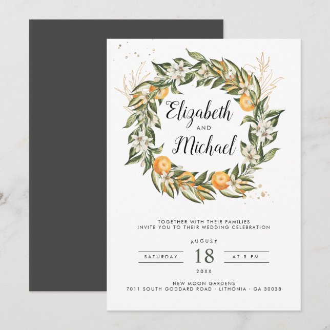 Invitación de boda botánica boho | Huerto de cítri (Anverso / Reverso)
