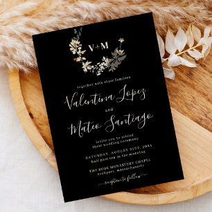Invitación de boda botánica boho negra con monogra