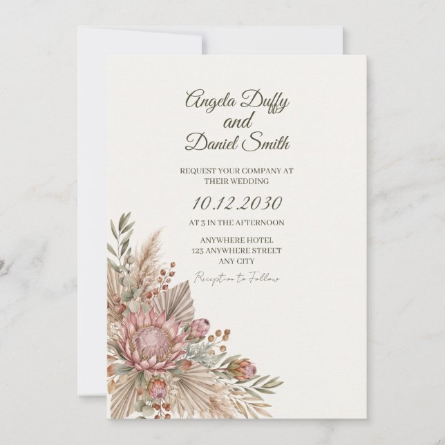 Invitación de boda botánica Boho Protea (Anverso)