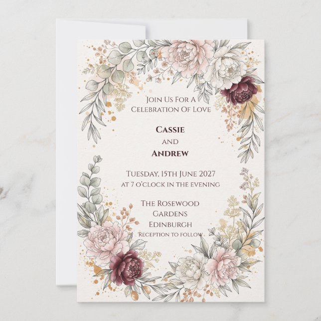 Invitación de boda botánica Burdeos rubor (Anverso)