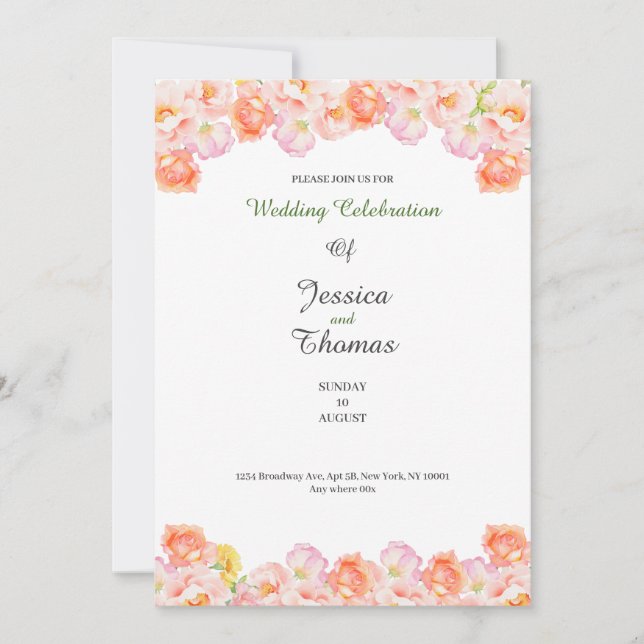 Invitación de boda botánica clásica con rosas melo (Anverso)