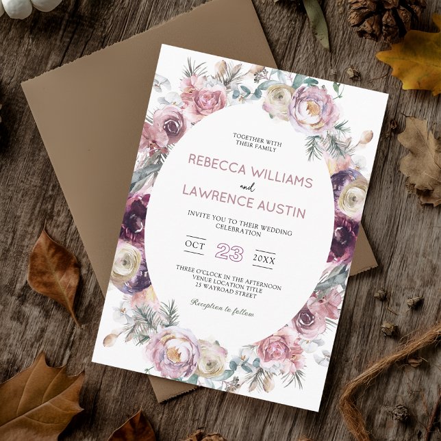 Invitación de boda botánica color borgoña con esti (Subido por el creador)